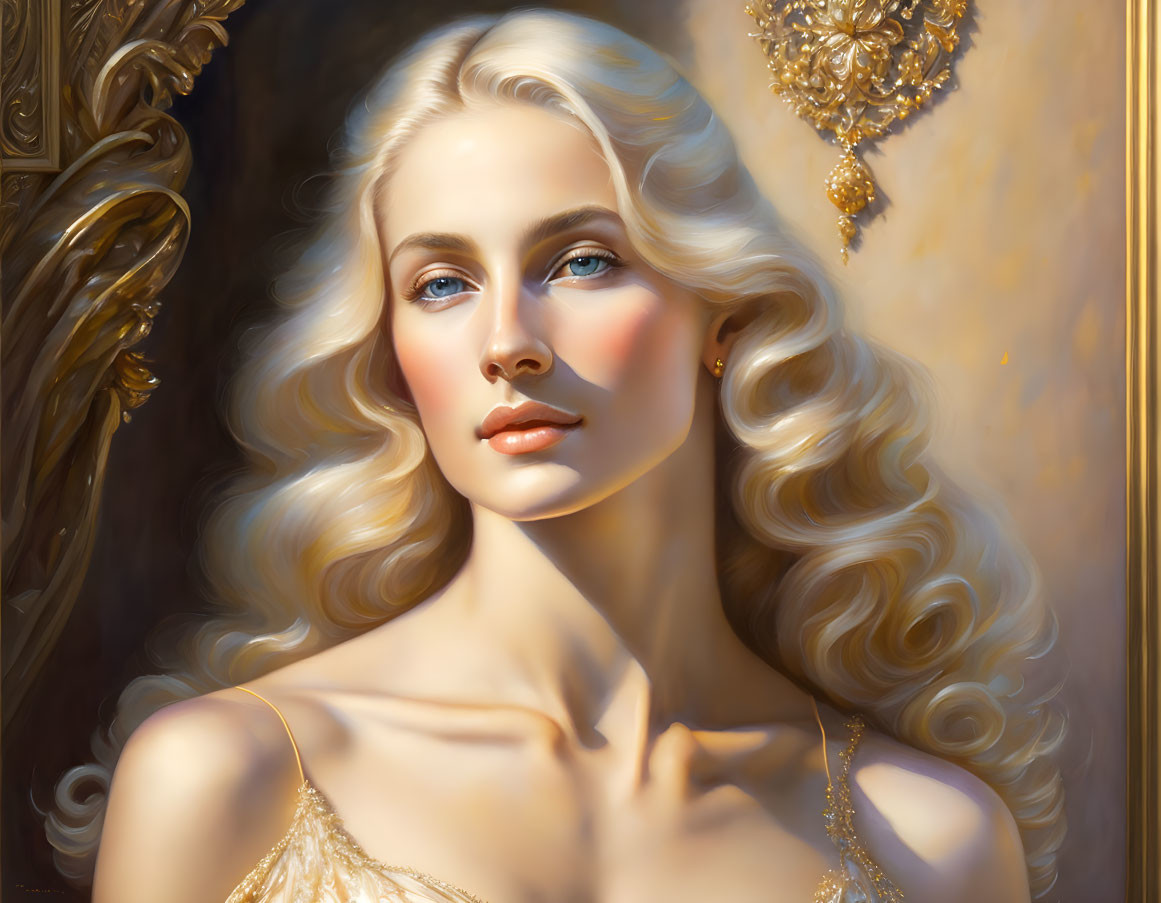 Blonde Woman Portrait in Gold Outfit on Ornate Background