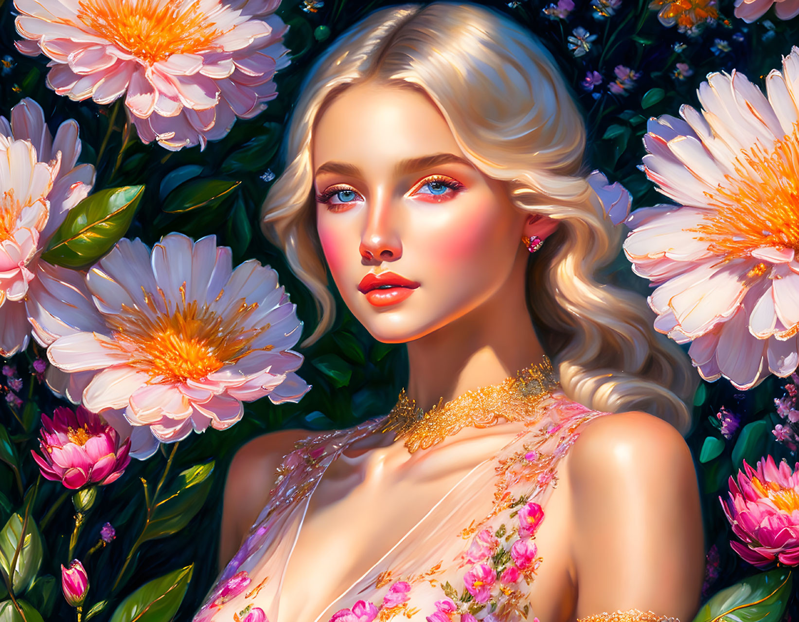 Blonde woman with blue eyes in digital art among pink flowers