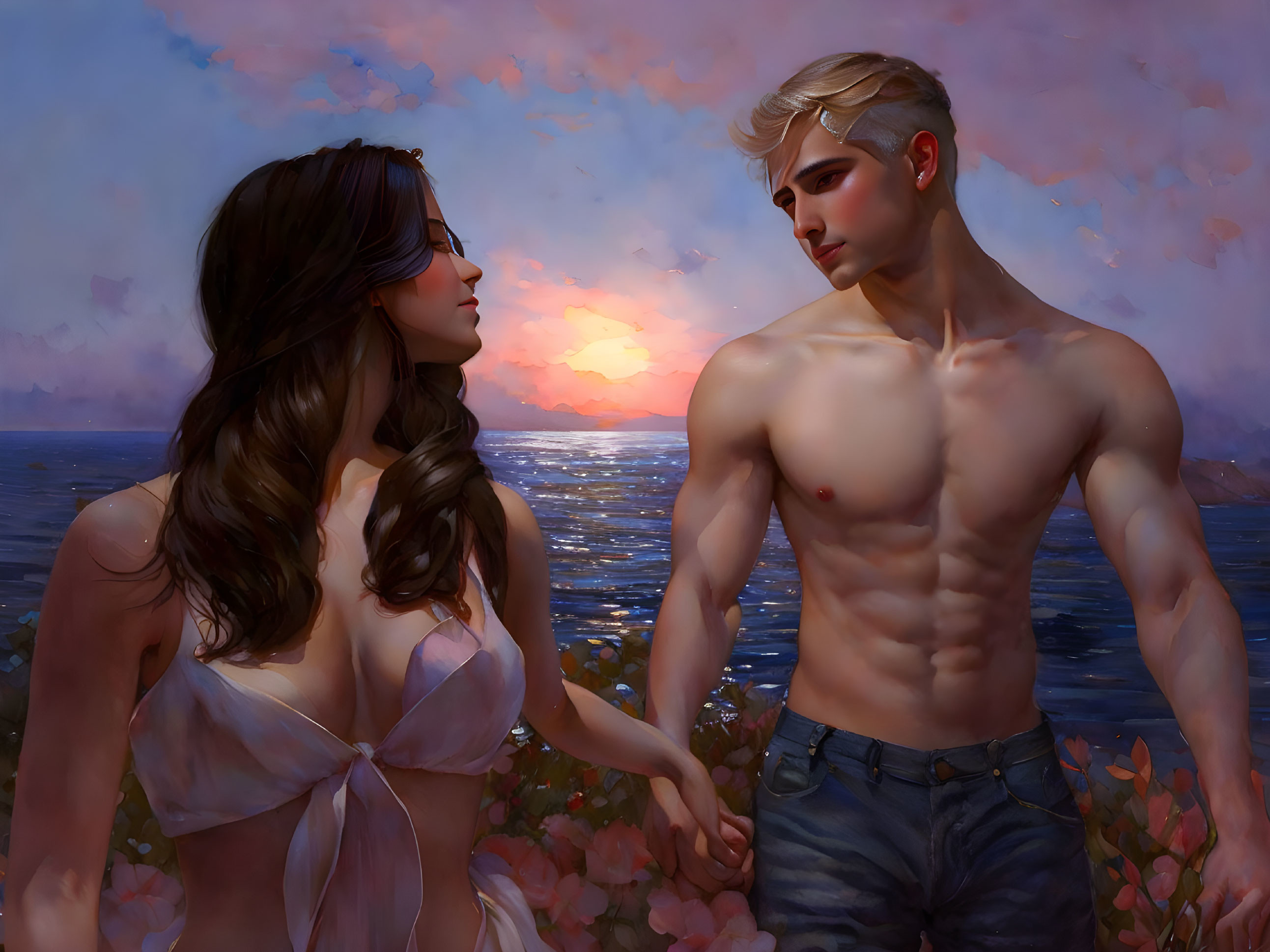 Stylized painting: Shirtless man and woman holding hands at sunset.