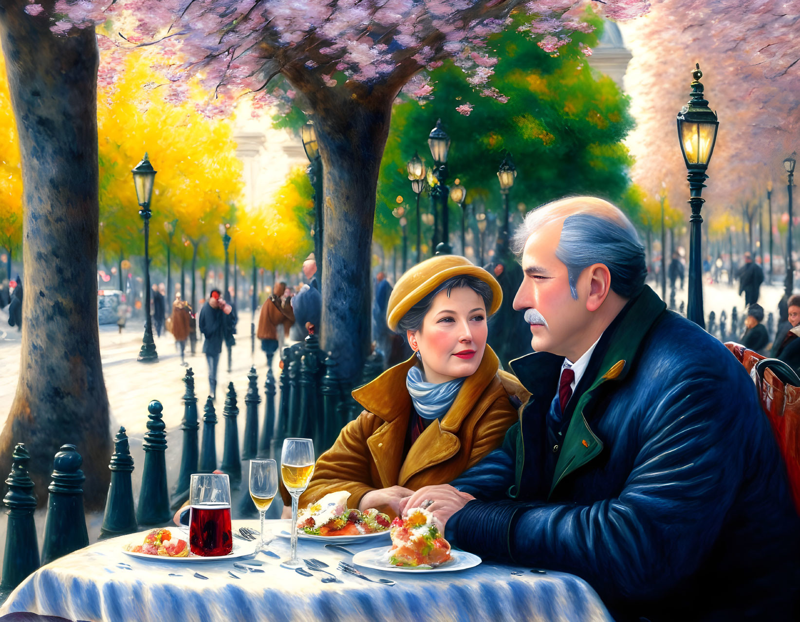 Elegant couple dining outdoors with blooming trees and vibrant street scene