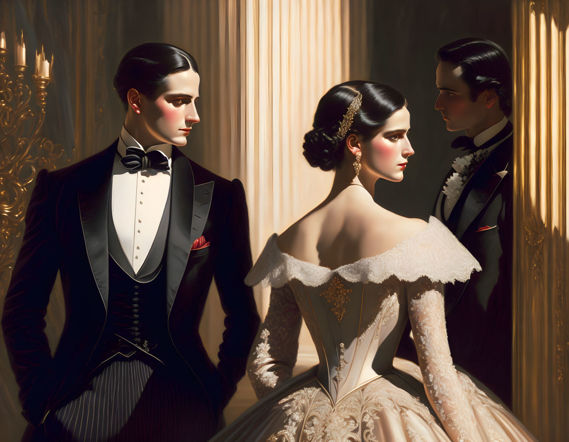 Formal attire: man in tuxedo, woman in gown, dramatic shadows in room