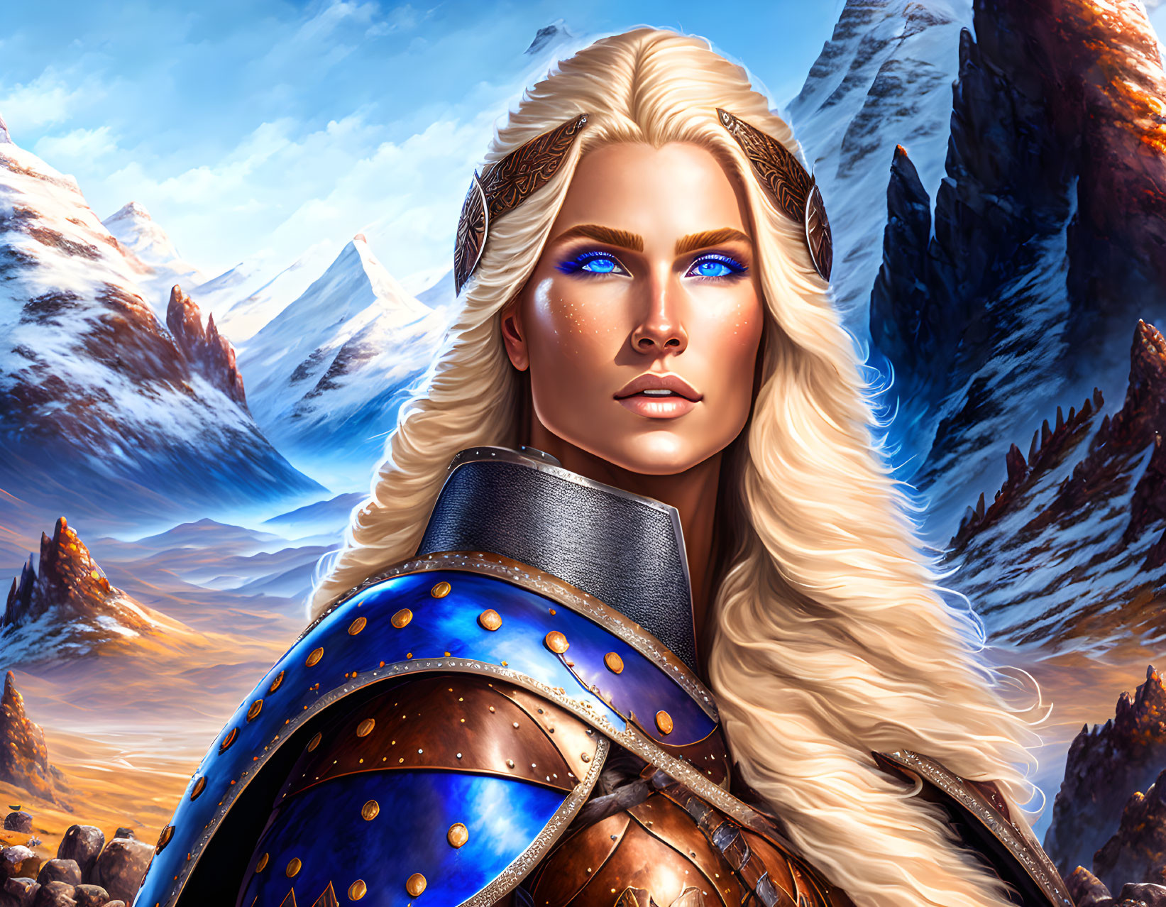 Blue-eyed woman in ornate armor against snowy mountain backdrop