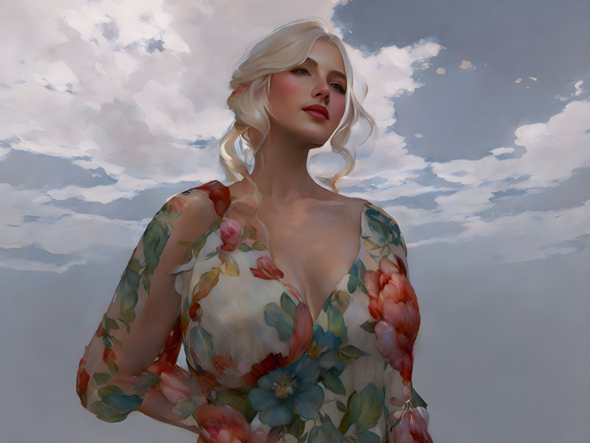 Blonde woman in floral dress gazes at soft clouds