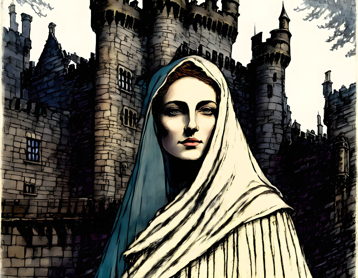 Medieval-themed illustration of a woman by castle under shaded sky