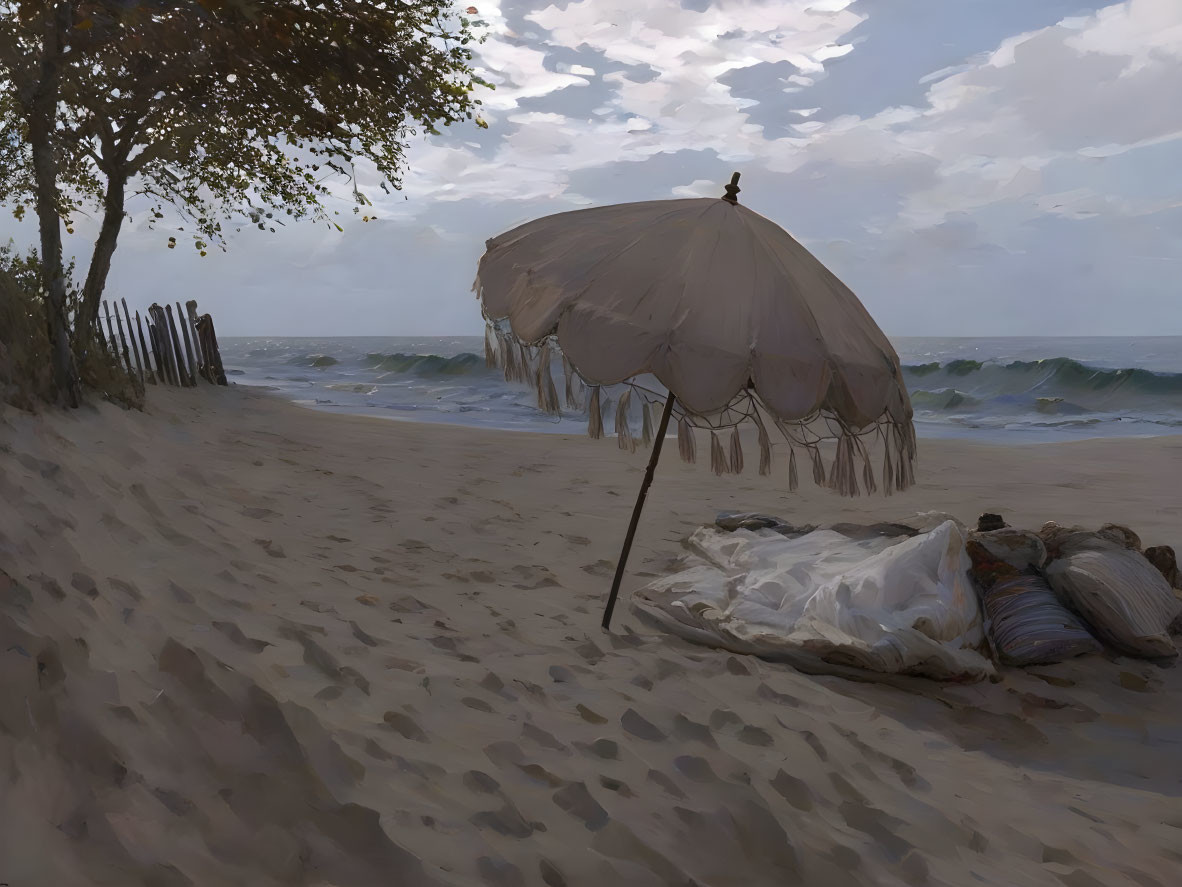 Tranquil beach scene with old straw umbrella, shadowy sand, wavy sea, cloudy sky