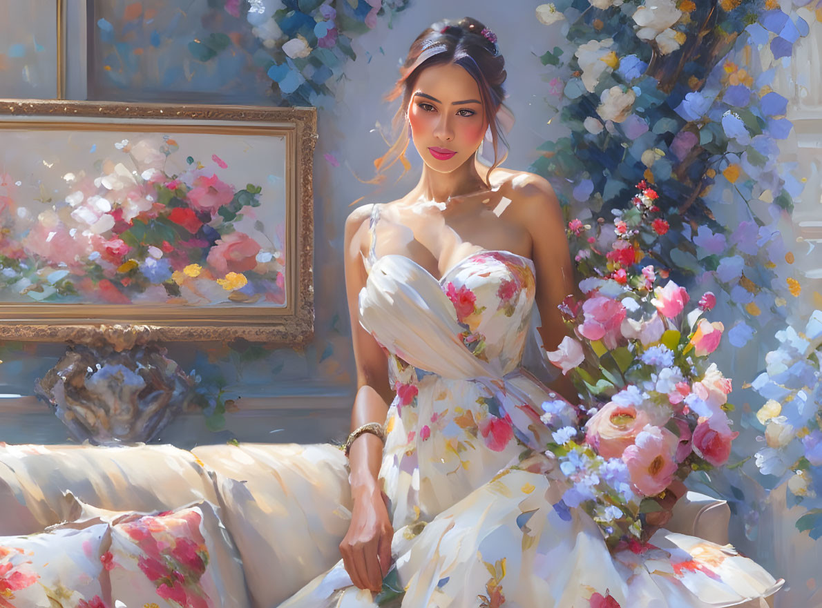 Woman in Floral Dress Surrounded by Flowers and Artworks in Sunlit Setting