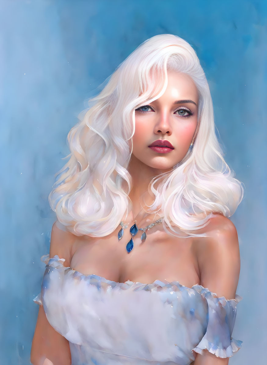 Platinum blonde woman in blue dress with sapphire necklace