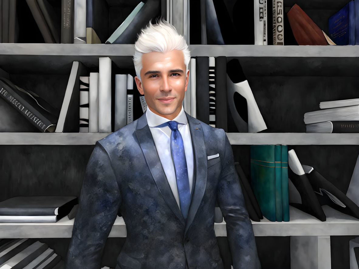 Smiling man with silver hair in gray suit and tie portrait.