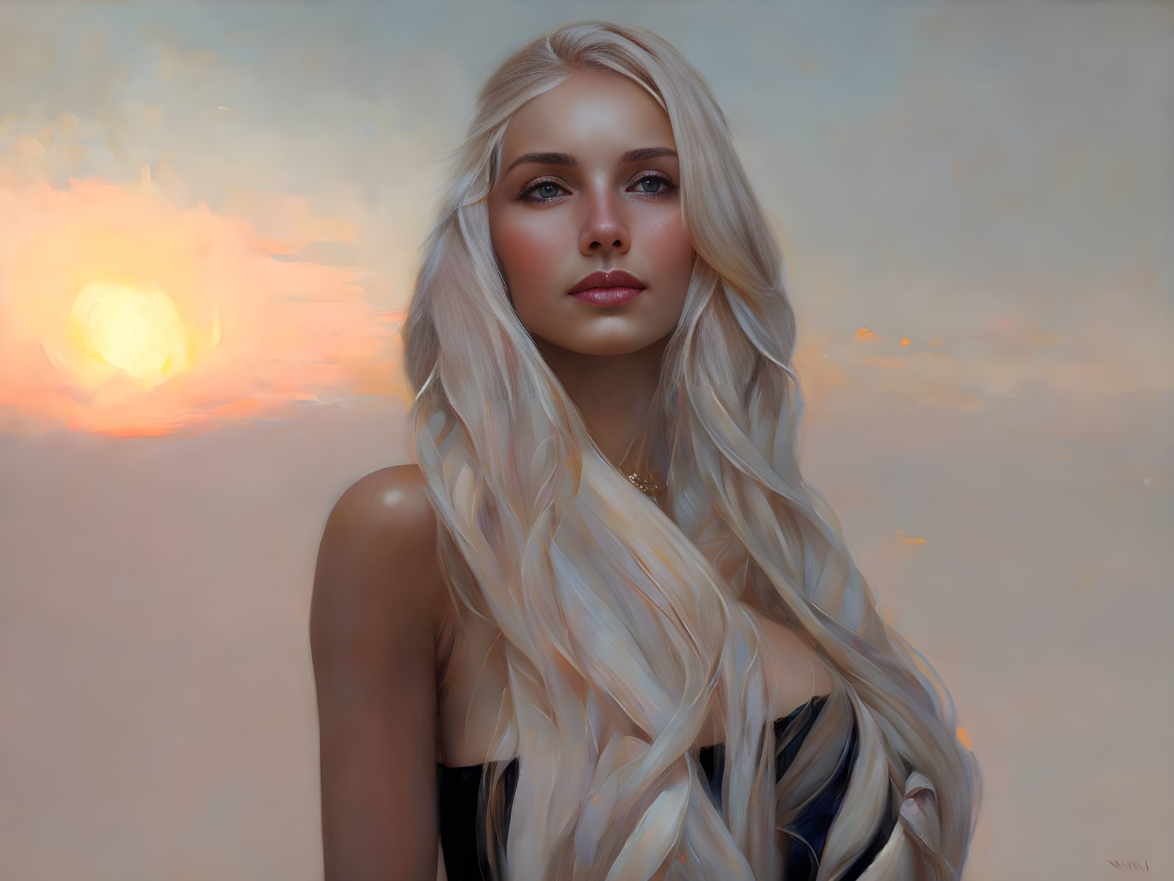 Blonde woman portrait with blue eyes at sunset