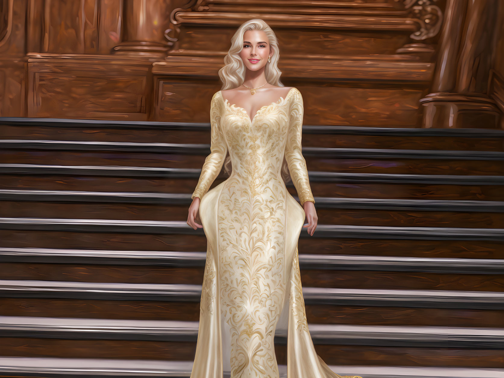 Blonde woman in gold dress on wooden staircase