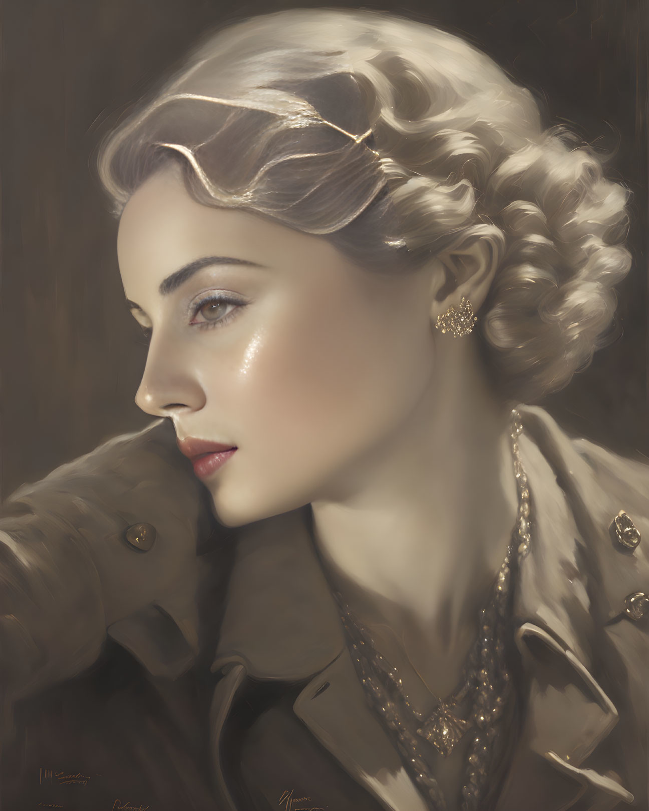 Vintage-style portrait of woman in pilot's attire with wavy hair and elegant aura