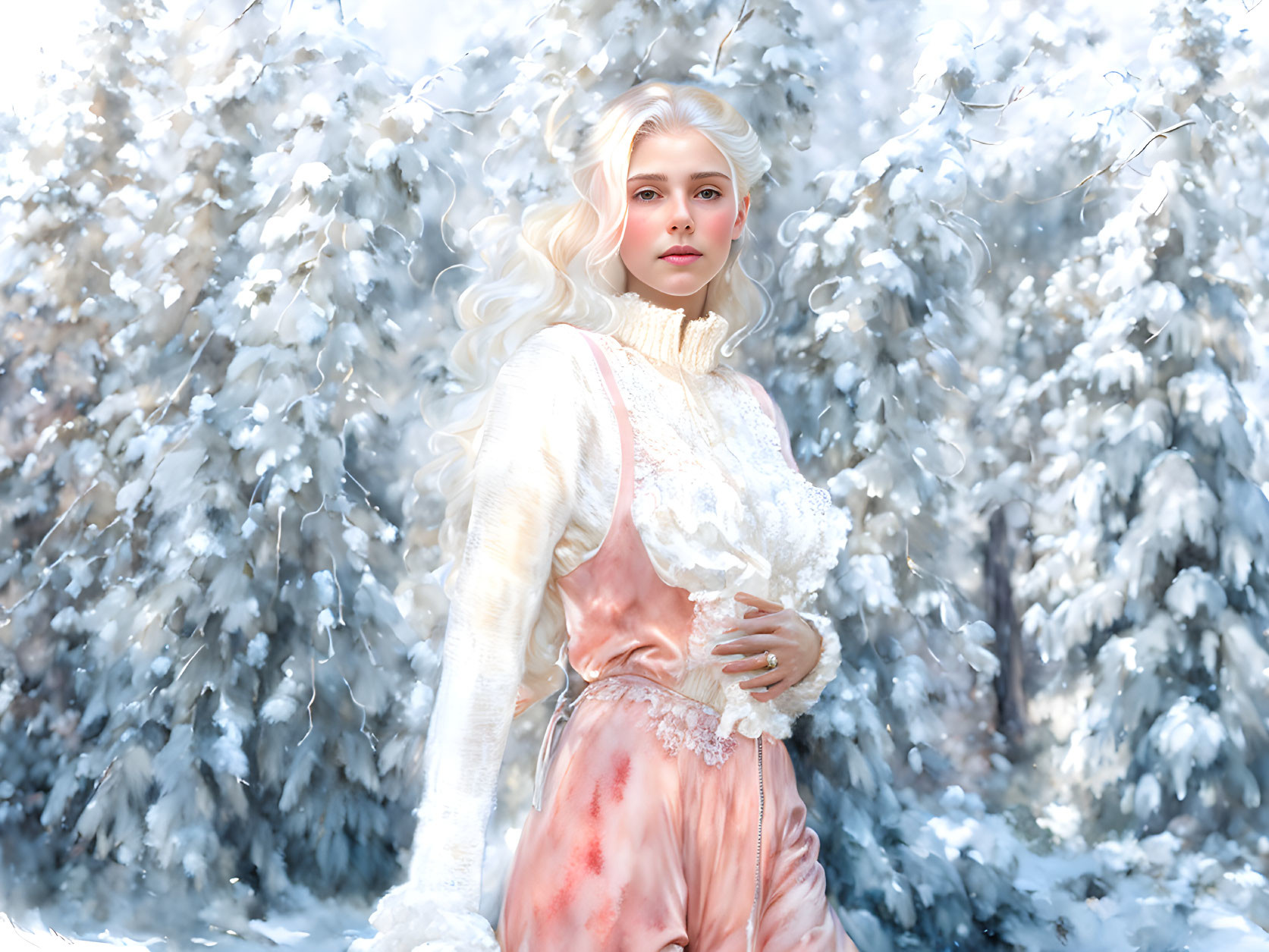 Blonde woman in vintage white outfit in snowy landscape