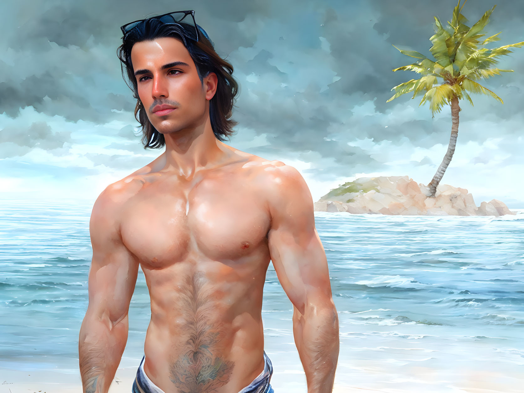 Muscular man with long hair on beach with palm tree and cloudy sky.