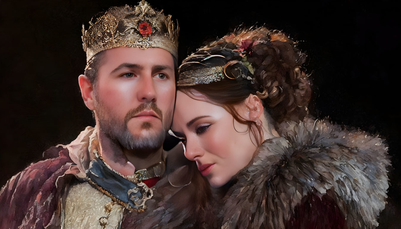 Medieval couple in regal attire with crowns, man looking forward as woman leans on him