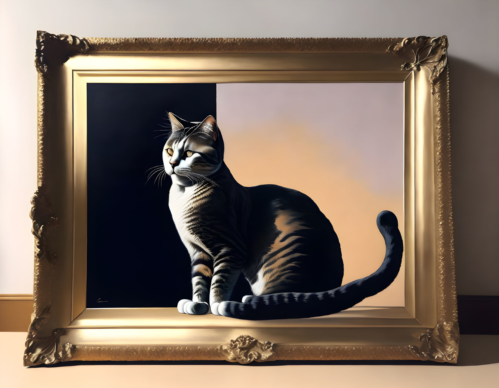 Realistic Tabby Cat Painting in Grand Golden Frame