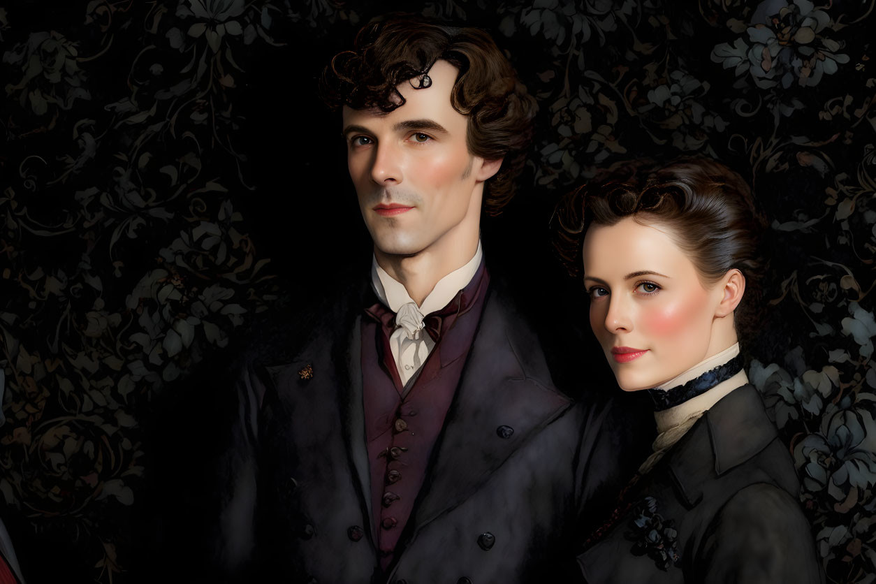 Victorian-era styled couple in dark coat and high-collared dress on floral backdrop