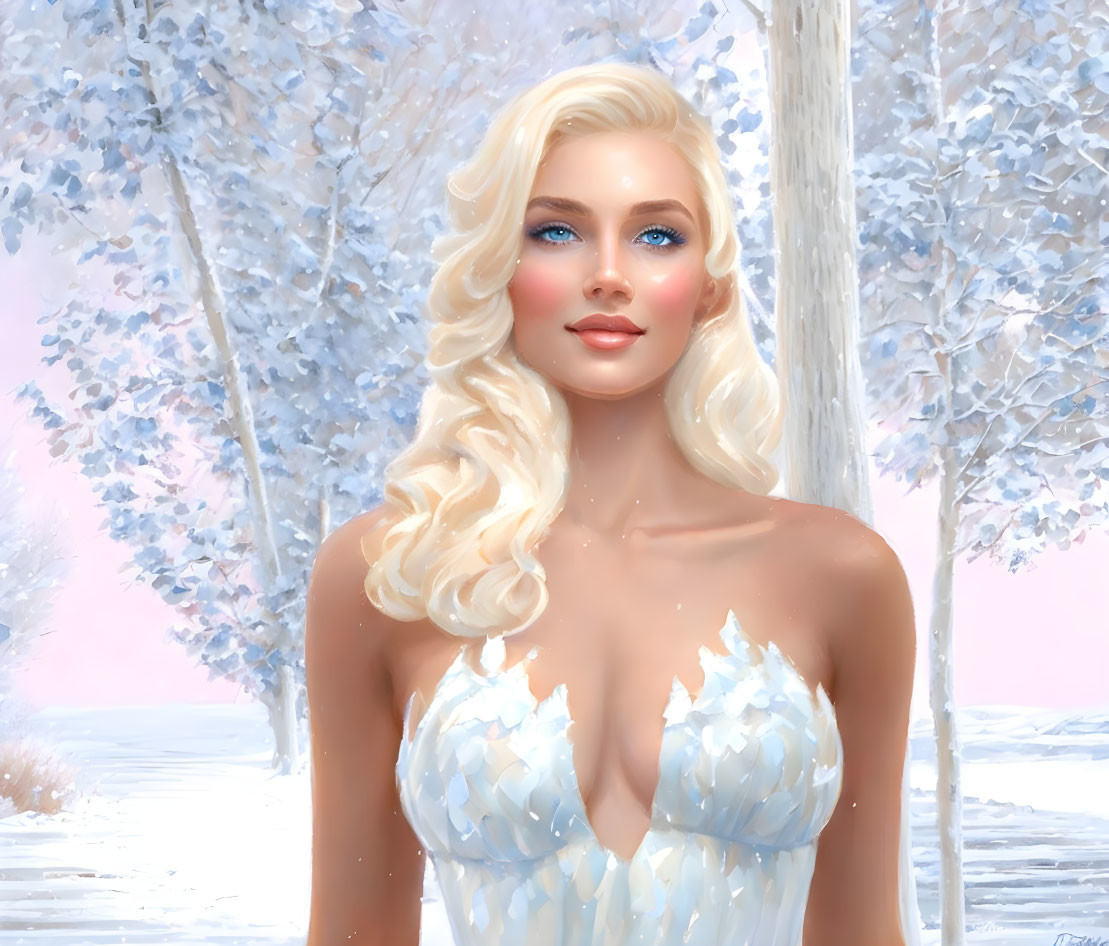 Blonde Woman in White Dress Winter Portrait