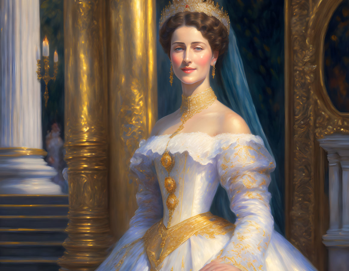 Regal woman in white-and-gold dress in luxurious room