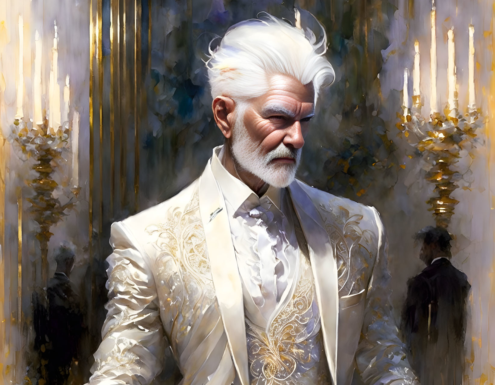 Elderly man in ornate white suit with golden embroidery on golden streak background