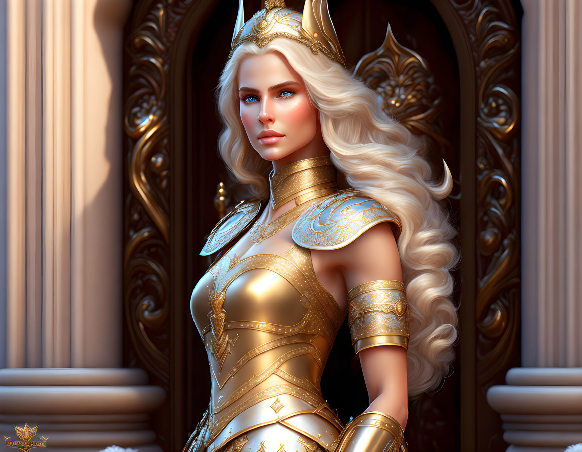 Regal Female Character in Golden Armor and Crown Standing Before Ornate Door