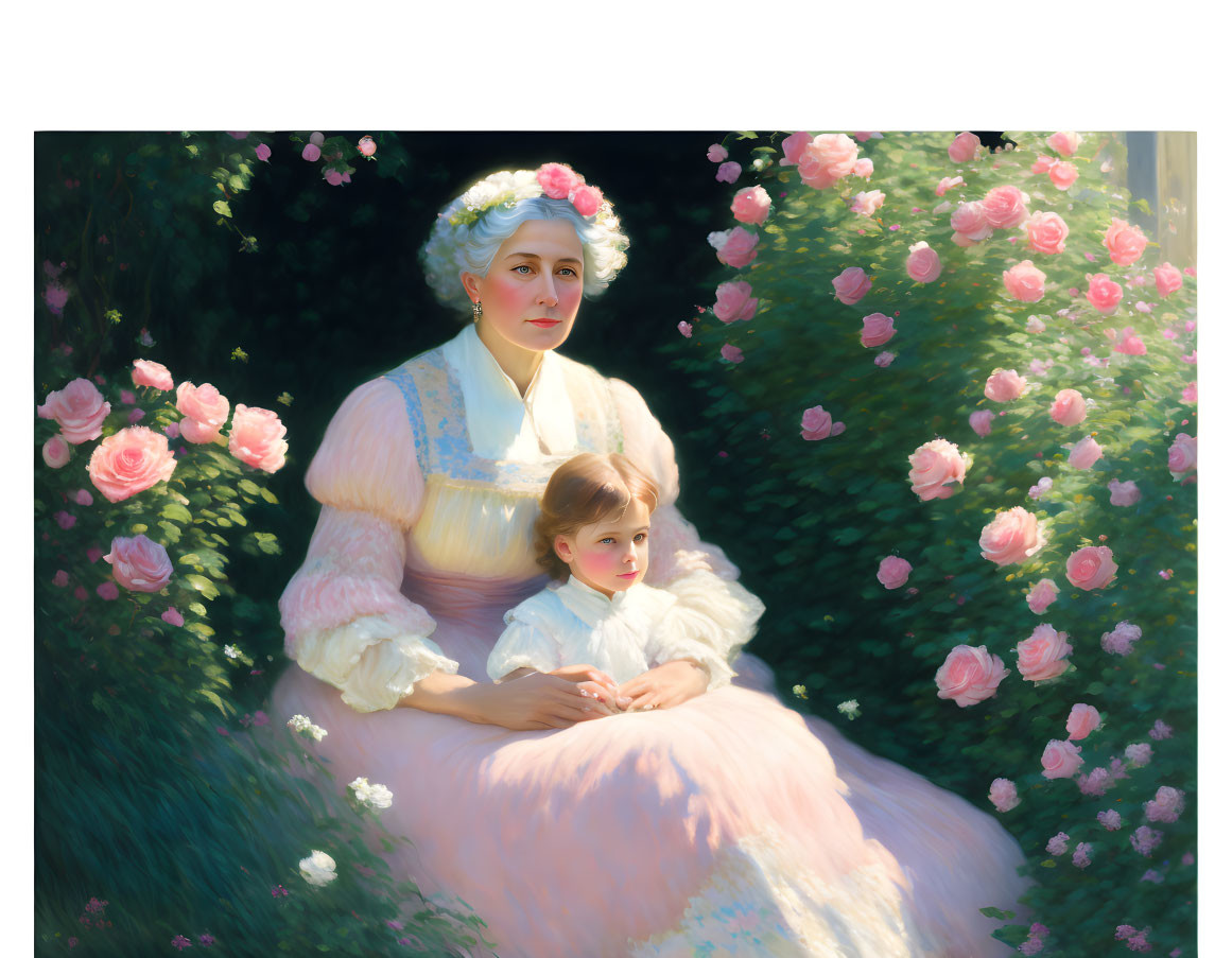 Vintage Attire Woman & Child Among Roses in Soft Sunlight