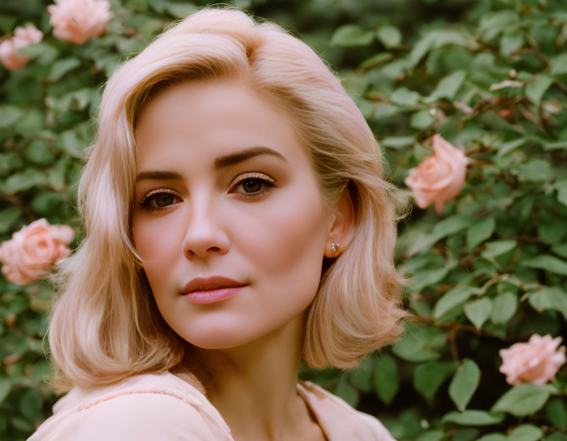 Blonde woman with subtle makeup in front of green leafy background with pink roses