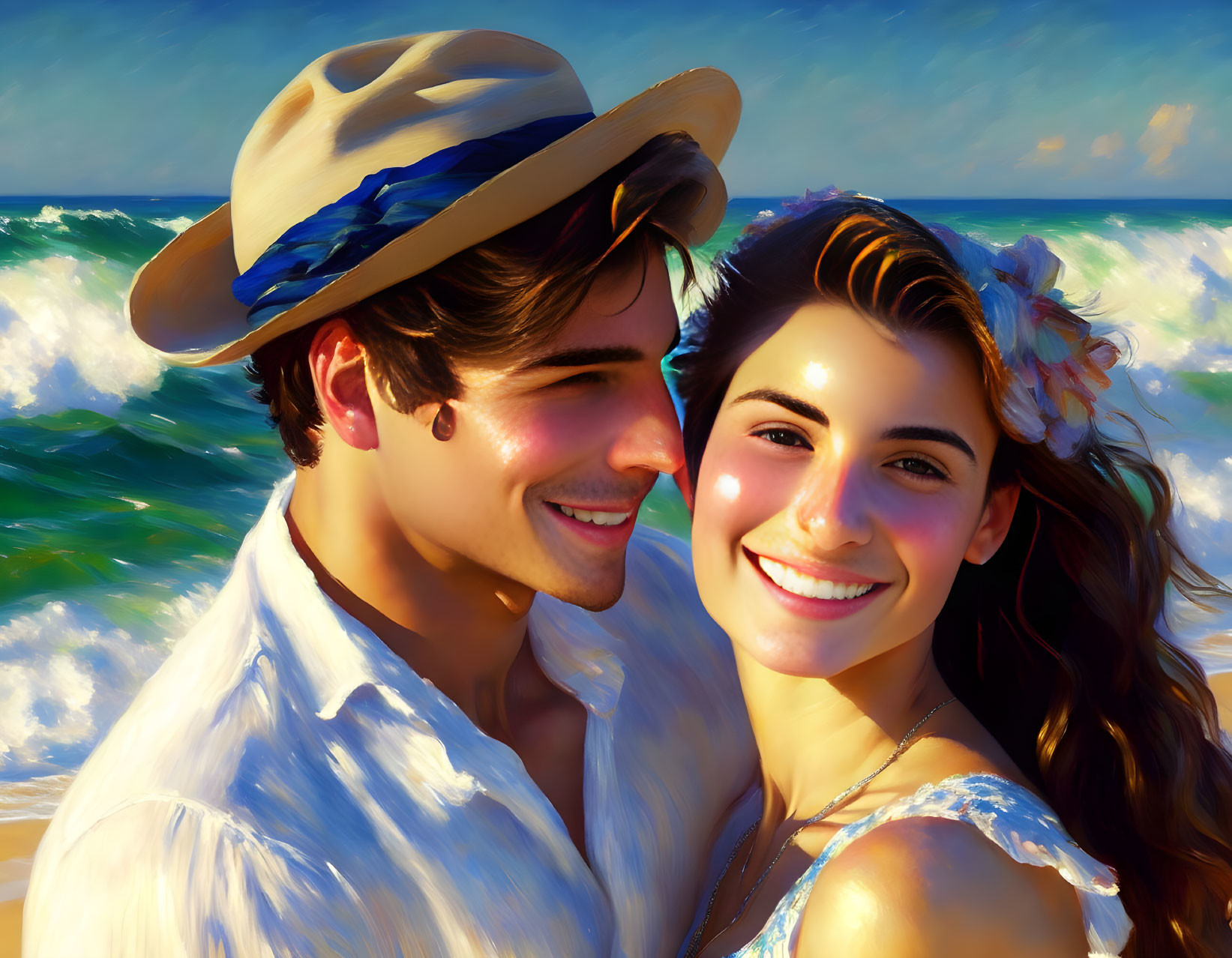 Smiling couple embracing on sunny beach with waves in background