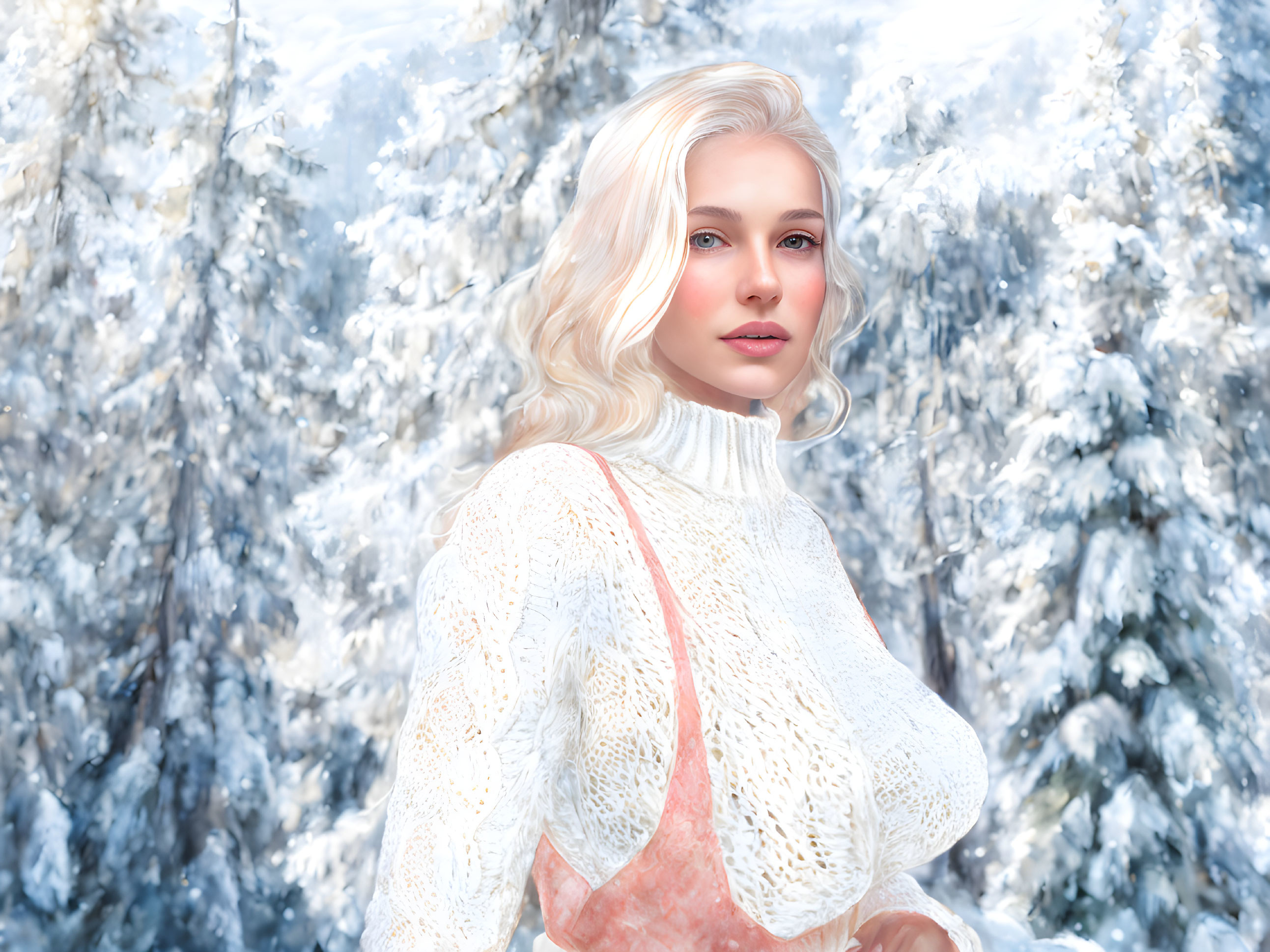 Platinum blonde woman in white sweater against snowy forest.