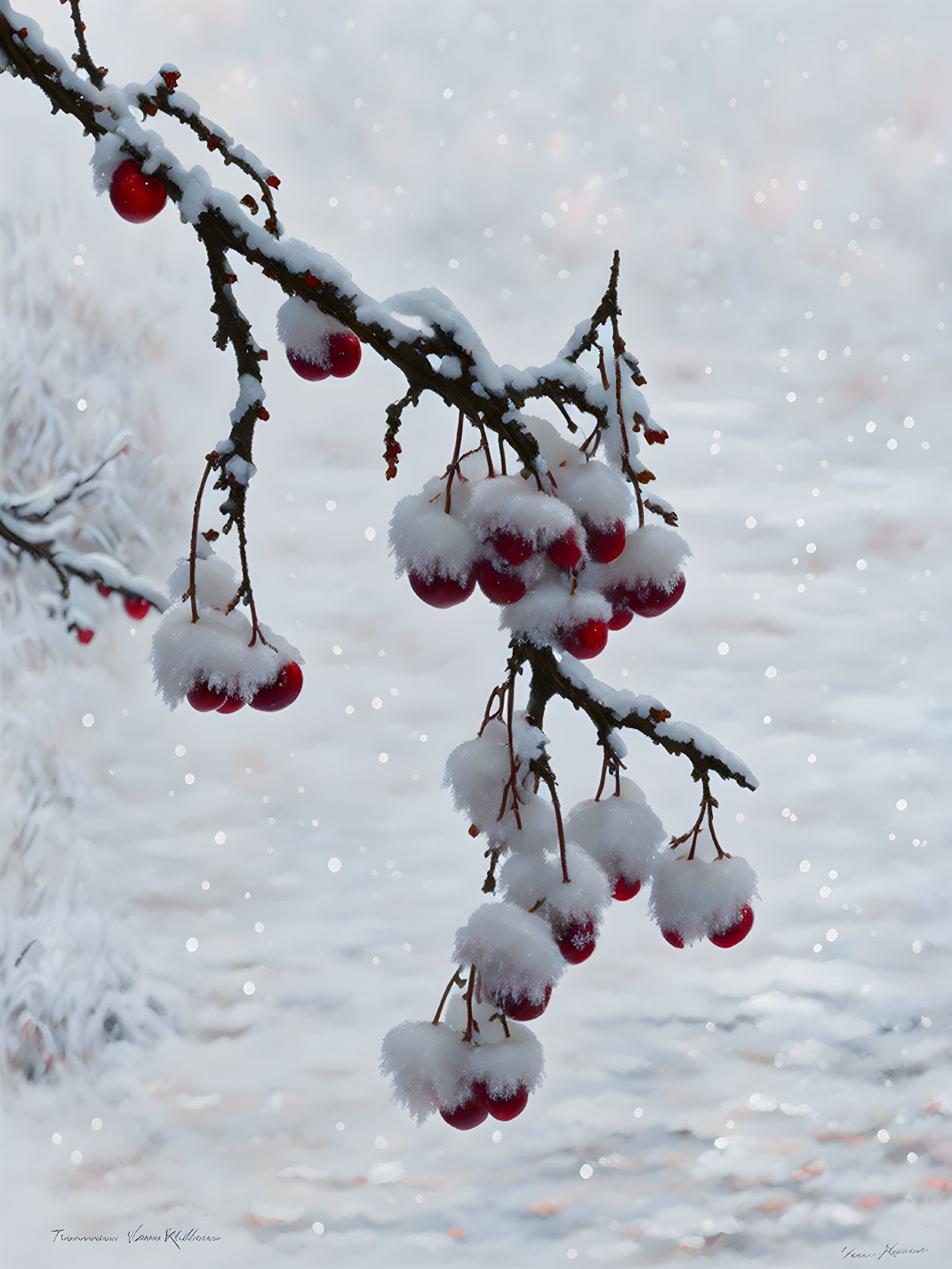 Winter Scene: Snowy Branch with Red Berries in White Landscape