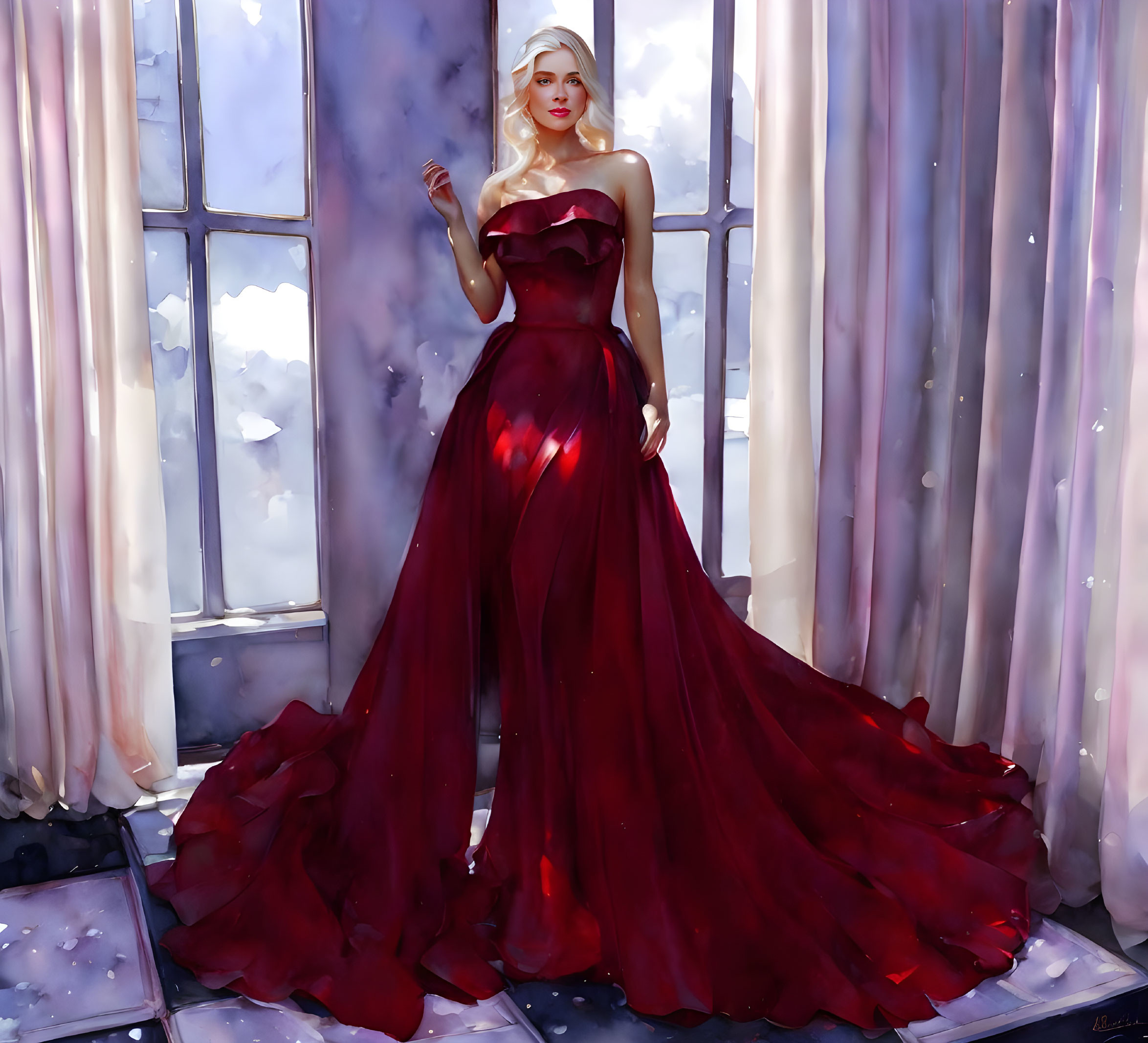 Luxurious red gown with sweetheart neckline and sweeping train by elegant woman.