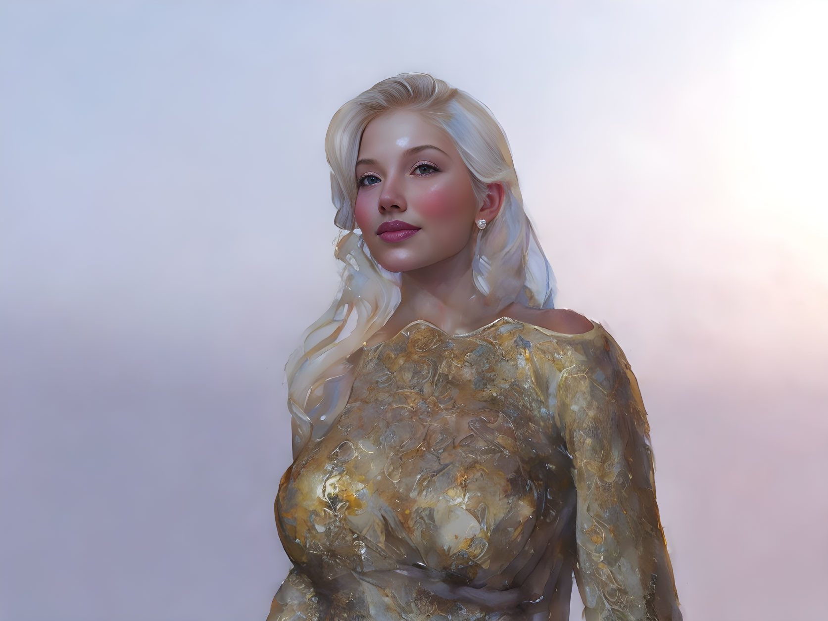 Blonde-haired woman in gold dress against pastel backdrop