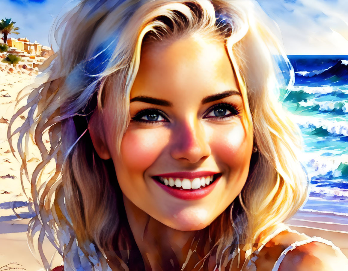 Smiling blonde woman portrait on beach with waves and blue sky