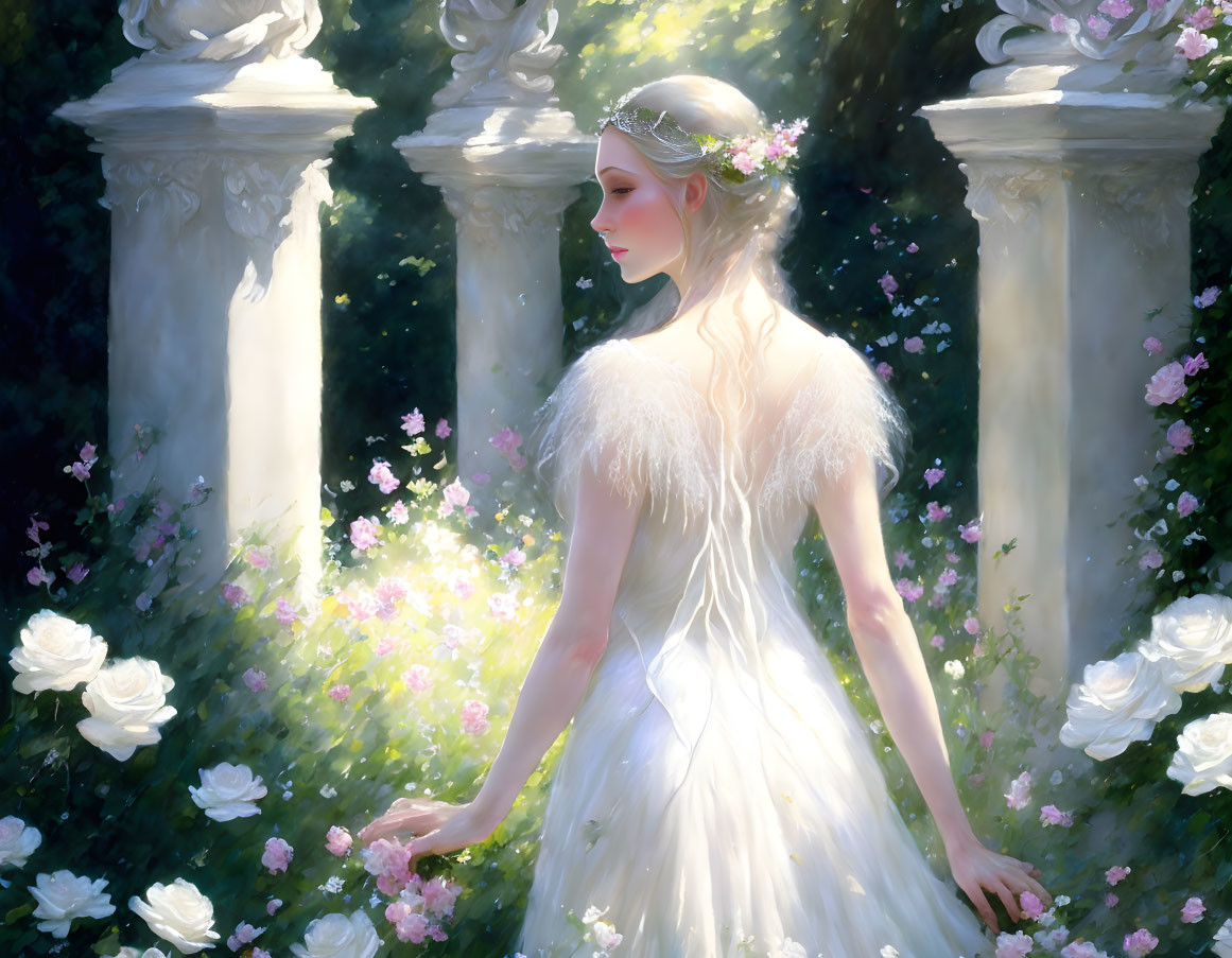 Woman in white dress with floral headband in sunlit garden with white roses.