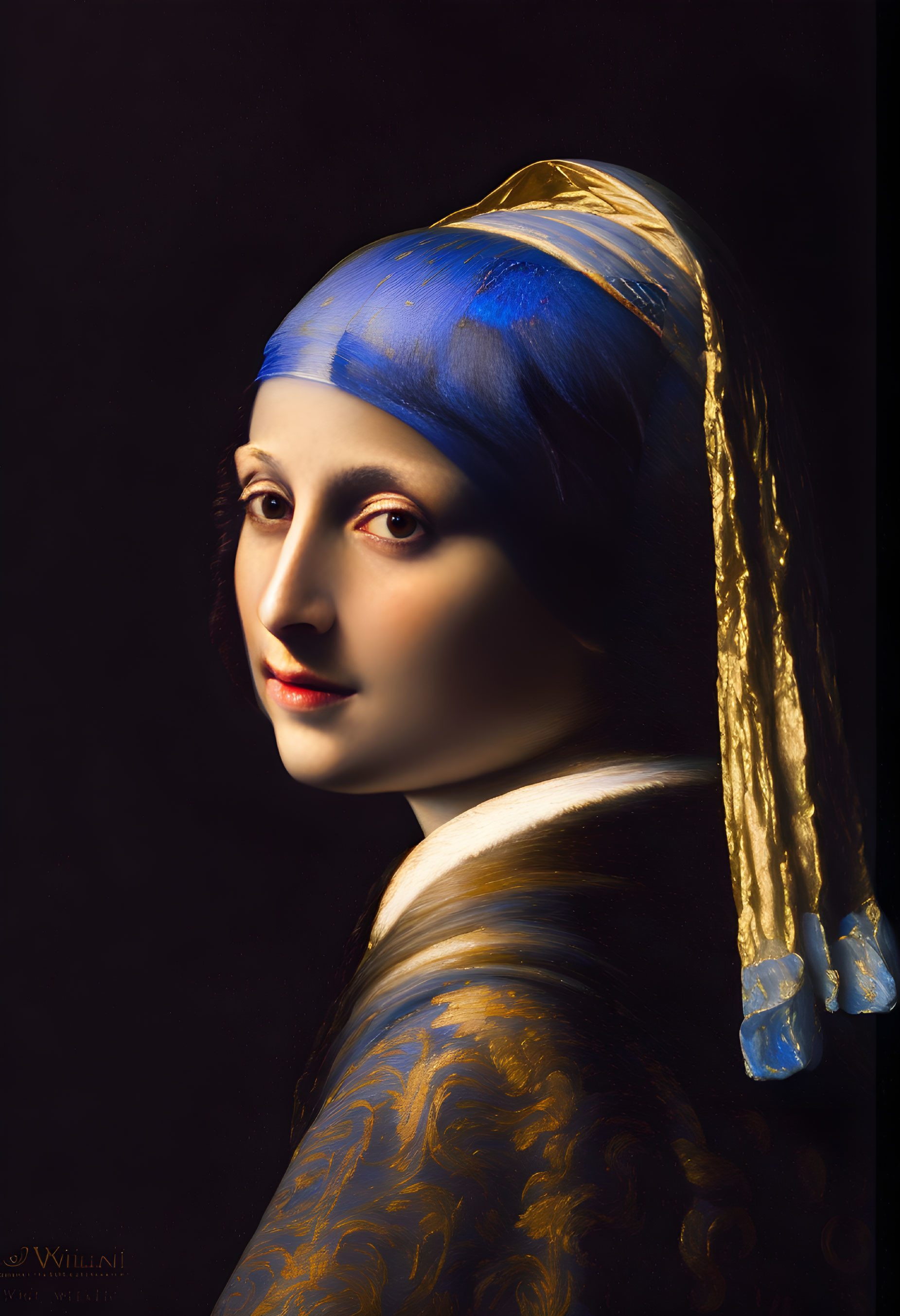 Classic Painting of Woman in Blue Headscarf with Gold Trim