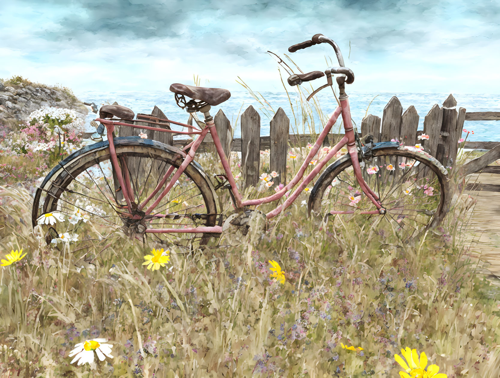 Rusty pink bicycle by wooden fence with beach backdrop