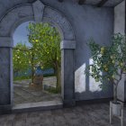 Sunny courtyard with stone archway, lemon trees, basket of lemons, and white chair