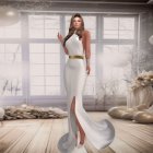 Sophisticated woman in white dress with gold belt in sunlit room