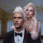 Elegant characters with white hair in tuxedo and lace dress pose in grand room.