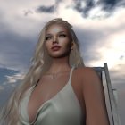 Blonde woman in white dress under dramatic clouds