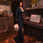 Digital Artwork: Woman in Blue Gown by Piano with Candles and Flowers