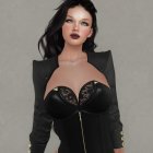 Illustrated woman in black dress with lace details and jacket, featuring dark hair and red lips.