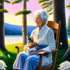 Elderly woman with cat by lake at sunset surrounded by pine trees and white roses