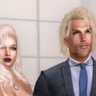 Photorealistic characters: confident woman with wavy blonde hair and man in formal attire