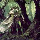 Illustration of Male and Female Figures in Nature-Inspired Attire in Enchanted Forest