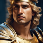 Young man in golden armor and crown on dark background