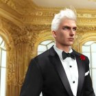 Platinum Blonde Man in Black Tuxedo in Gilded Hall