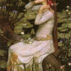 Woman with Red Hair and Flower Dress by Pond in Forest