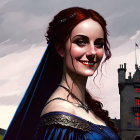 Regal woman in blue cloak before castle under cloudy sky