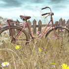 Rusty pink bicycle by wooden fence with beach backdrop