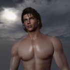 Wavy-Haired Shirtless Man Contemplating Under Cloudy Sky